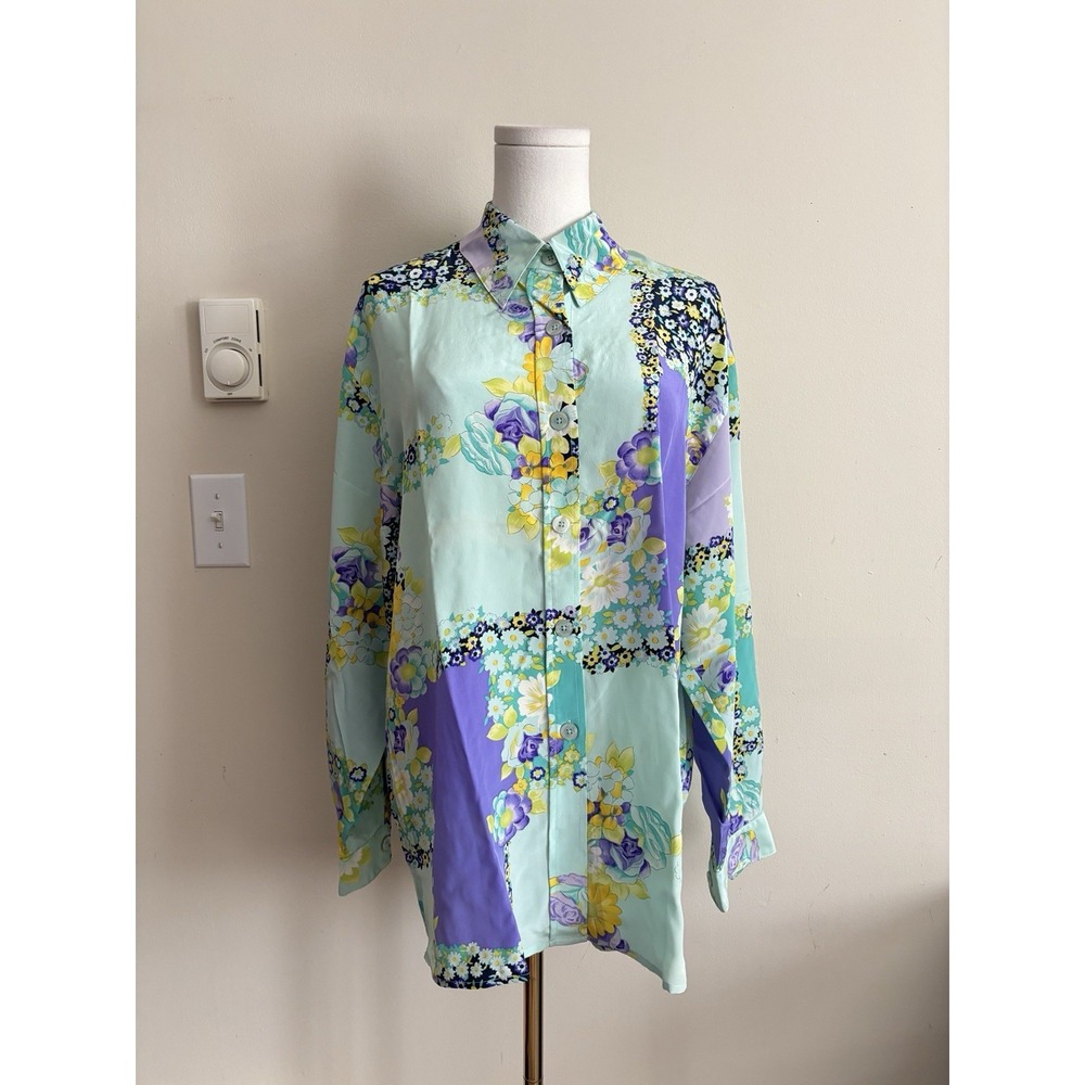 Diane von Furstenberg Womens Medium Top Blue Green Purple Floral Print Silk